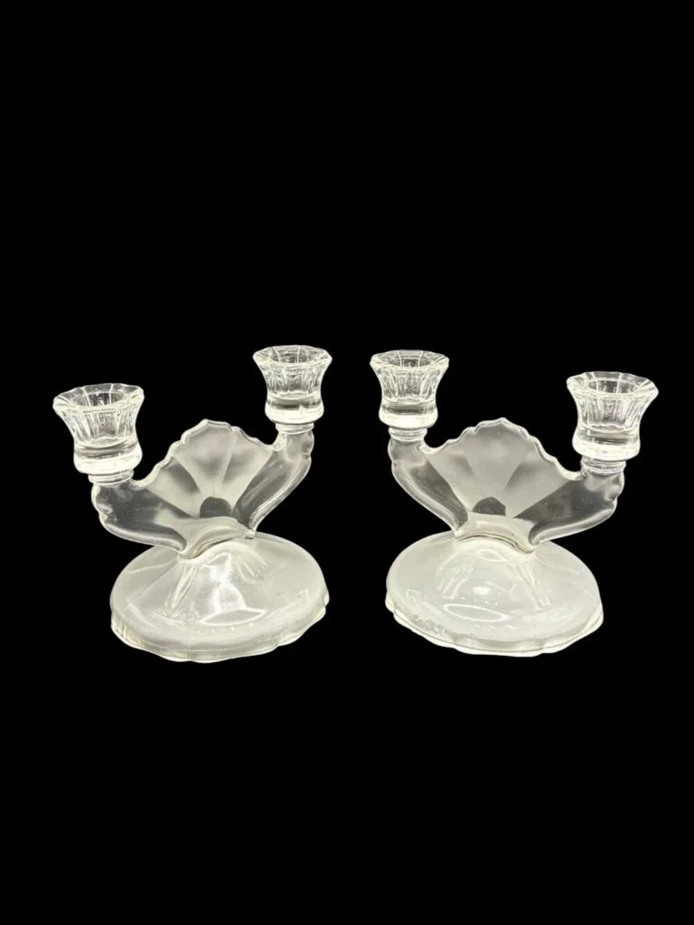 Vintage L.E. Smith Frosted & Clear Glass Double Candle Holder Pair